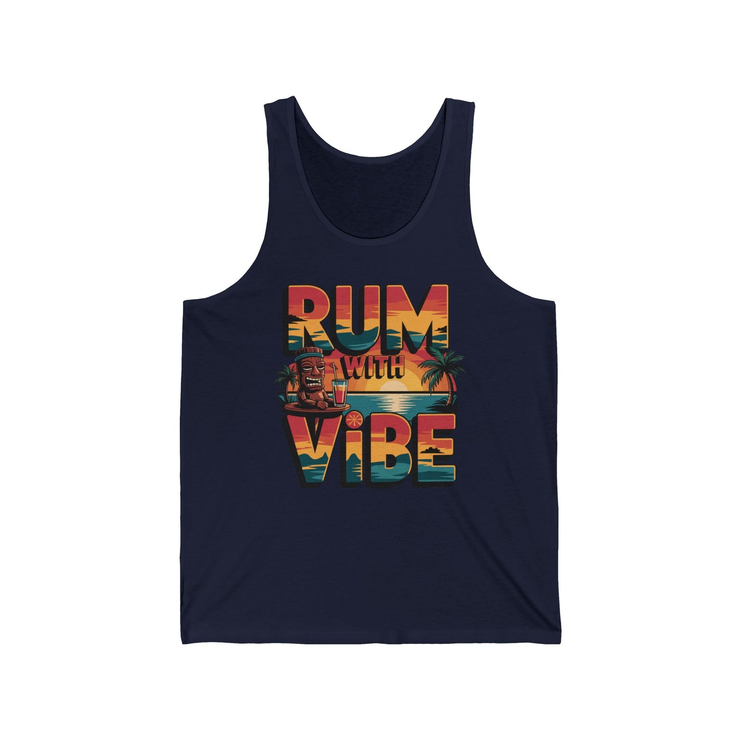 The Rum with Vibe Tropical Summer Aesthetic Tiki Tank Top is a navy blue unisex jersey featuring a colorful sunset, palm trees, cocktail, and beach graphic—lightweight for summer parties.