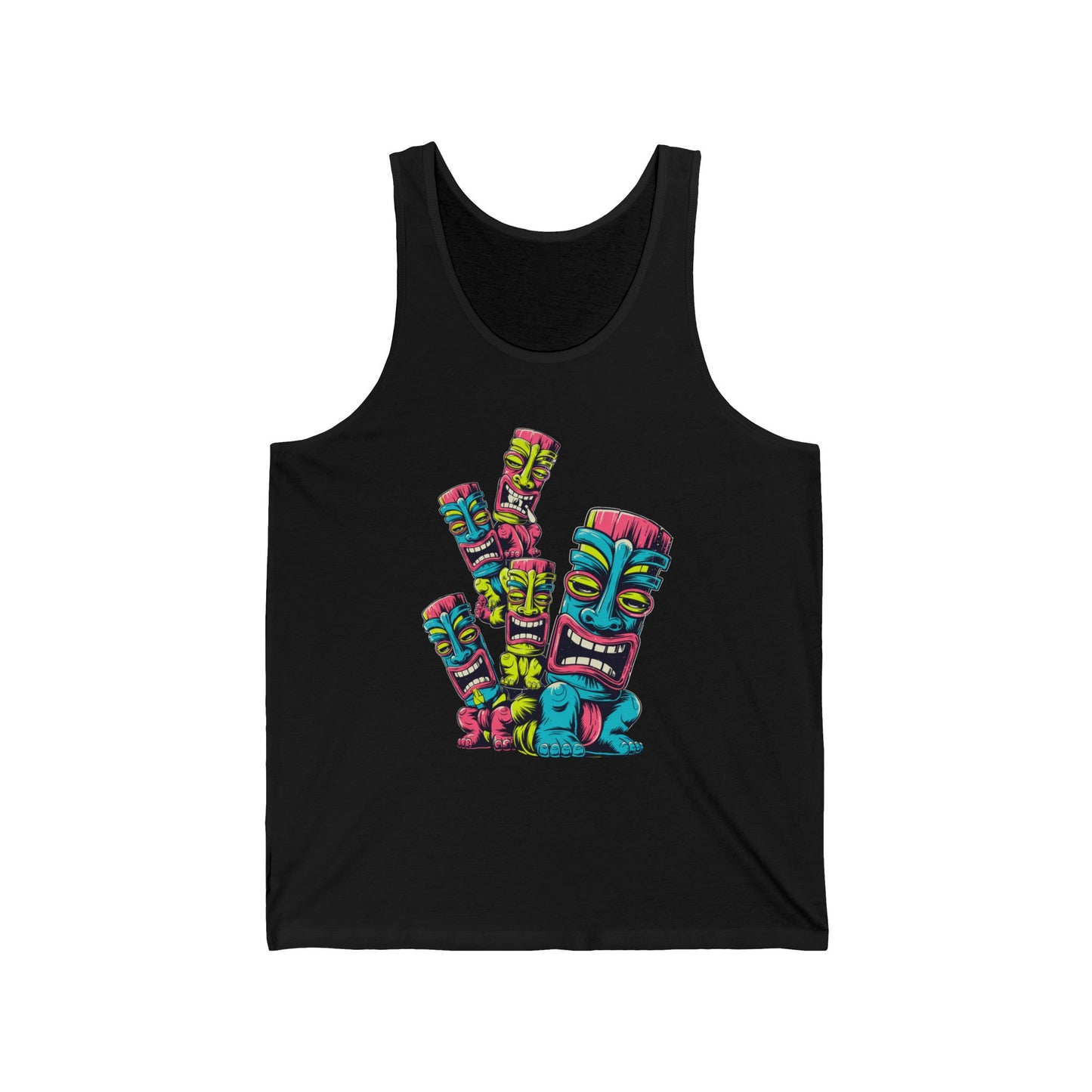 The Colorful Tiki Unisex Jersey Tank Top, perfect for summer vibes and beachwear, features a vibrant graphic of four stacked tiki masks in pink, yellow, blue, and green—ideal for adding fun to your tropical style.