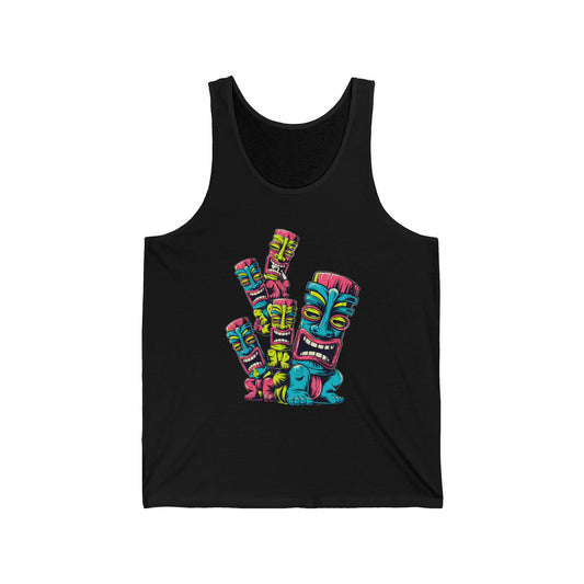 The Colorful Tiki Unisex Jersey Tank Top, perfect for summer vibes and beachwear, features a vibrant graphic of four stacked tiki masks in pink, yellow, blue, and green—ideal for adding fun to your tropical style.