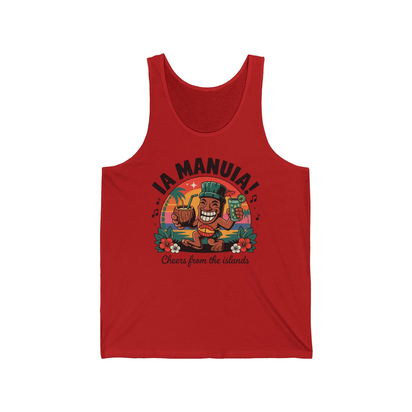 The Cheers from the Islands Tropical Vibes Tiki Tank Top features a smiling tiki with a drink, surrounded by flowers and topped with bold “Ia Manuia!”—a perfect unisex choice for summer fun and island-inspired celebrations.