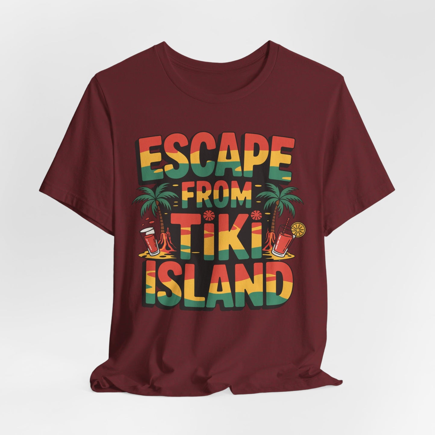The Escape from Tiki Island Tiki T-Shirt is a fun unisex jersey short sleeve shirt for summer adventures, designed with bold, colorful “Escape from Tiki Island” text—perfect for channeling tropical vibes.
