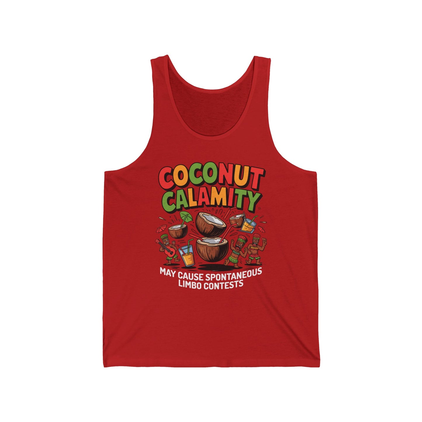 The Coconut Calamity Unisex Jersey Tiki Tank Top features vibrant Coconut Calamity text with cartoon coconuts, maracas, and confetti—perfect for beach days or party limbo contests in a fun, casual summer style.