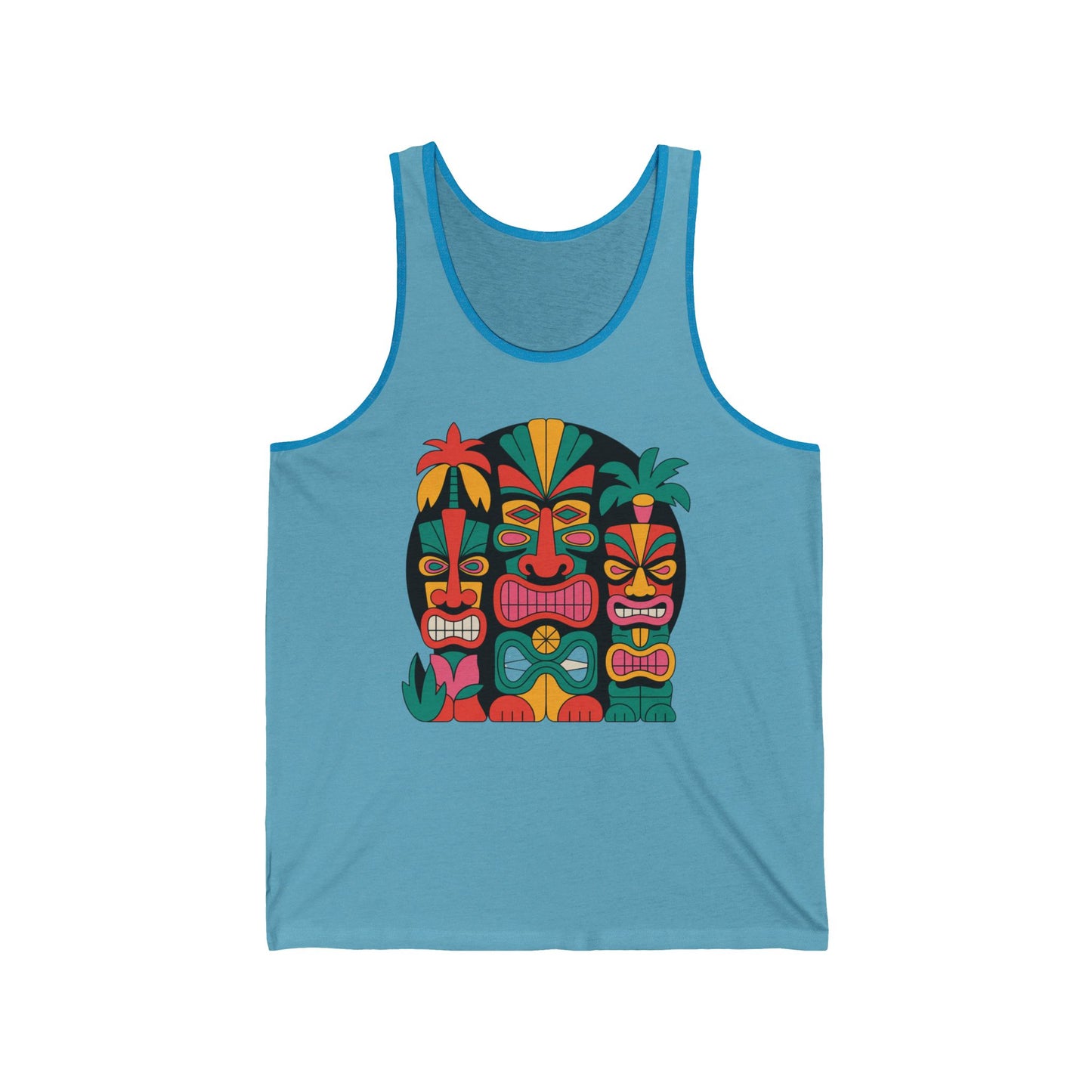 The Tiki Faces Unisex Jersey Tiki Tank Top features colorful tiki mask graphics with vibrant accents—perfect beachwear for summer vibes and celebrations.