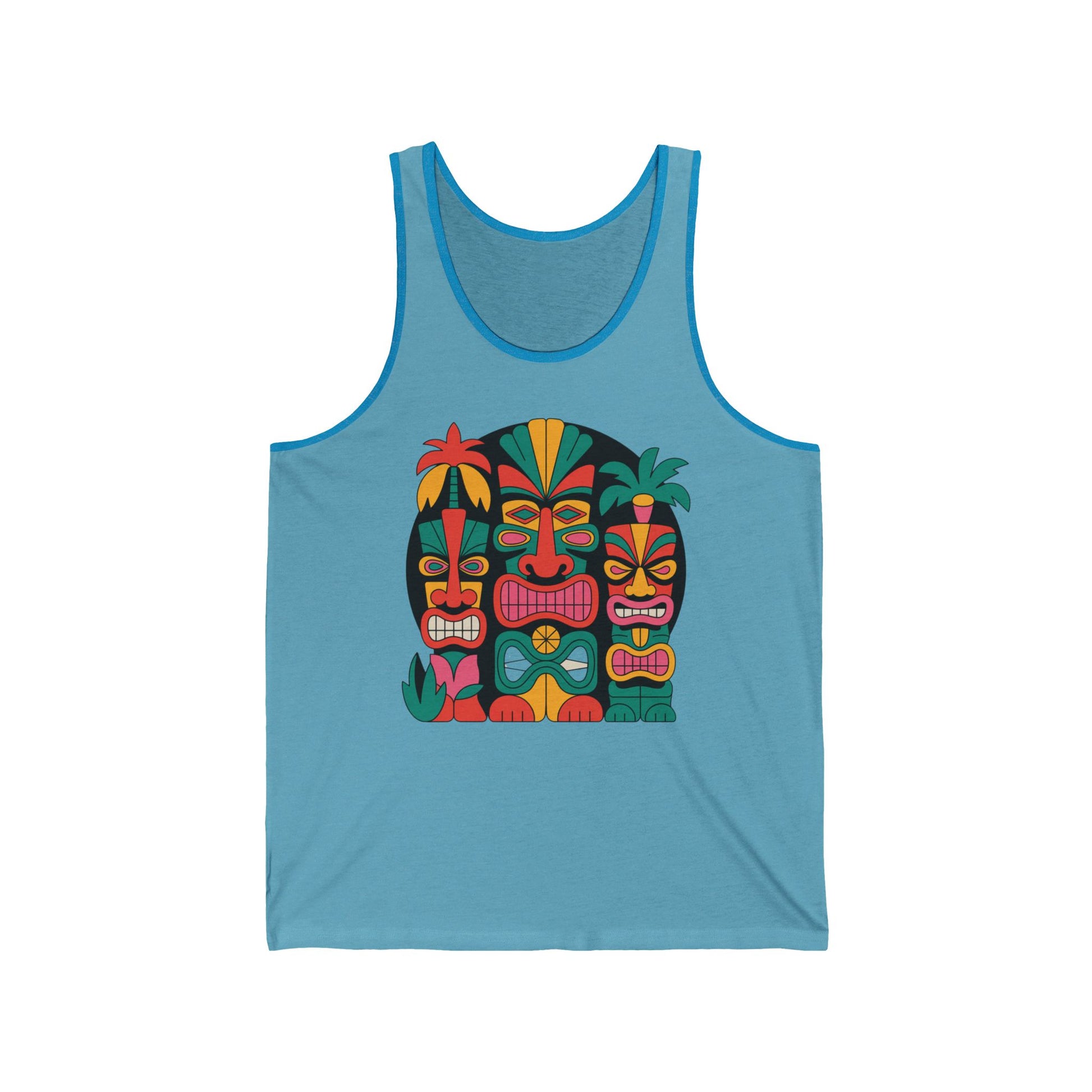 The Tiki Faces Unisex Jersey Tiki Tank Top features colorful tiki mask graphics with vibrant accents—perfect beachwear for summer vibes and celebrations.
