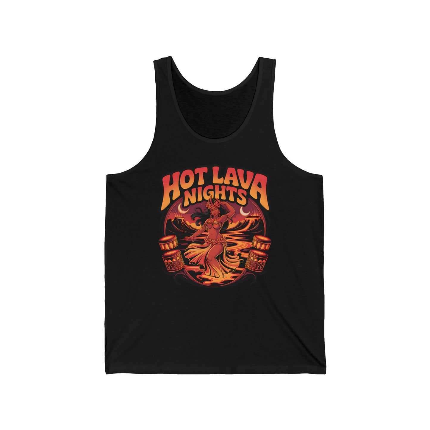 The Hot Lava Nights Unisex Jersey Tiki Tank Top showcases a bold graphic of a dancing woman with flowing hair, flames, and tiki torches plus “HOT LAVA NIGHTS” in orange—crafted from lightweight fabric for summer comfort.