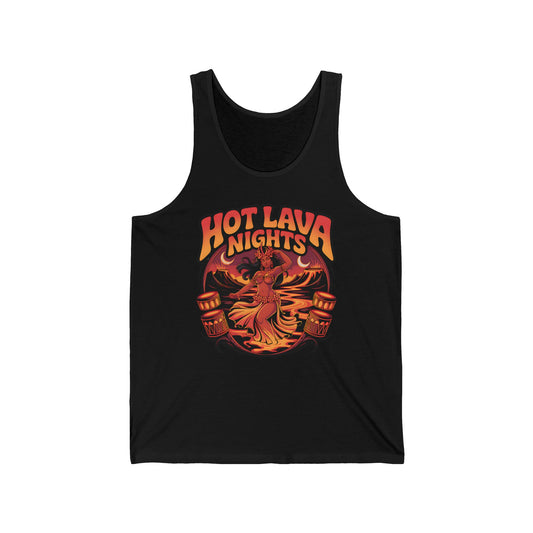 The Hot Lava Nights Unisex Jersey Tiki Tank Top showcases a bold graphic of a dancing woman with flowing hair, flames, and tiki torches plus “HOT LAVA NIGHTS” in orange—crafted from lightweight fabric for summer comfort.