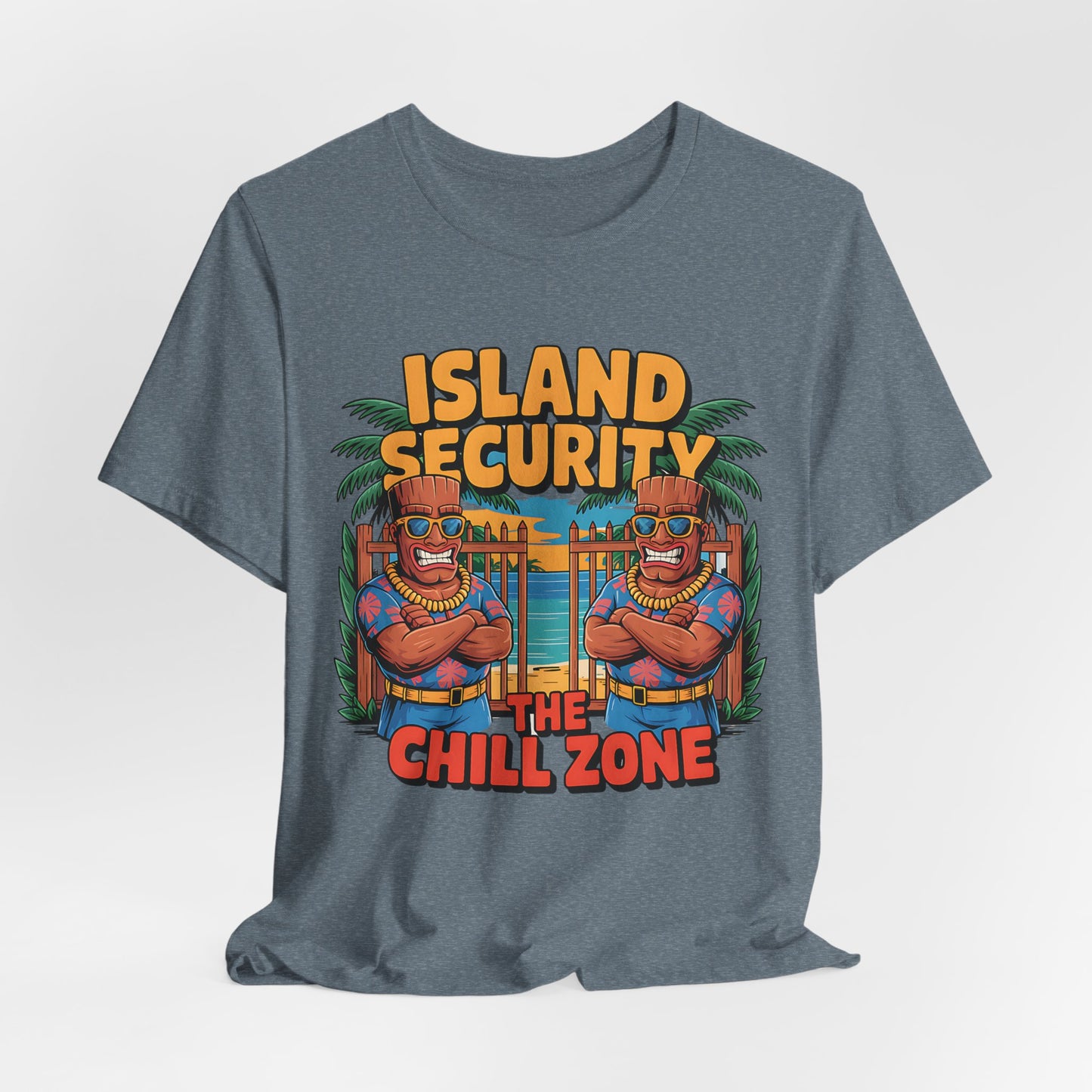 The Chill Zone Island Security Tiki T-Shirt – Unisex Jersey Short Sleeve features two cartoon tiki statues with sunglasses, palm trees, and Island Security The Chill Zone, making it perfect for laid-back tropical style.