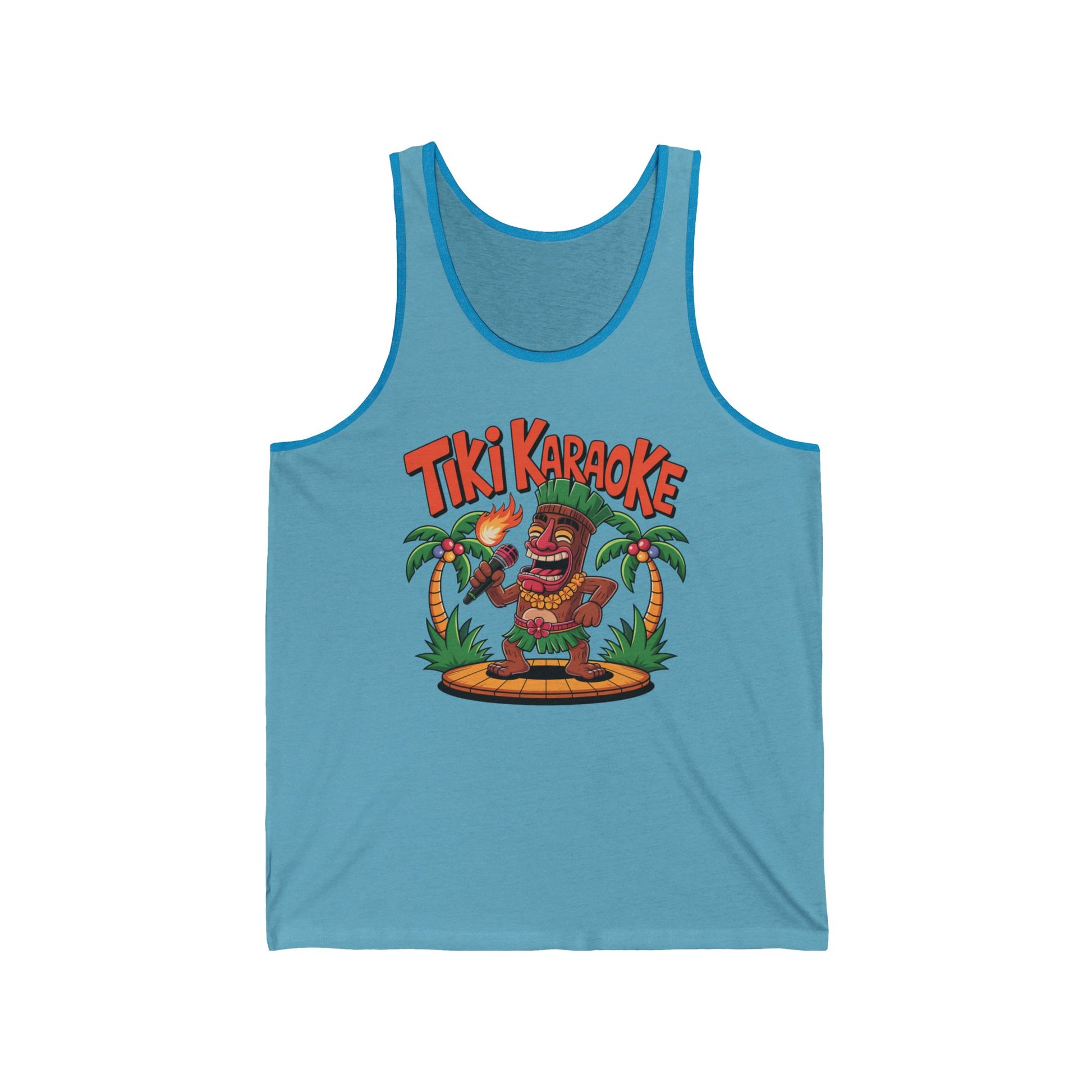 The Tiki Karaoke Unisex Jersey Tiki Tank Top features a playful cartoon Tiki with a mic and torch on stage, bold Tiki Karaoke text, palm trees, and lightweight fabric—perfect for fun summer style.