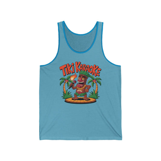 The Tiki Karaoke Unisex Jersey Tiki Tank Top features a playful cartoon Tiki with a mic and torch on stage, bold Tiki Karaoke text, palm trees, and lightweight fabric—perfect for fun summer style.