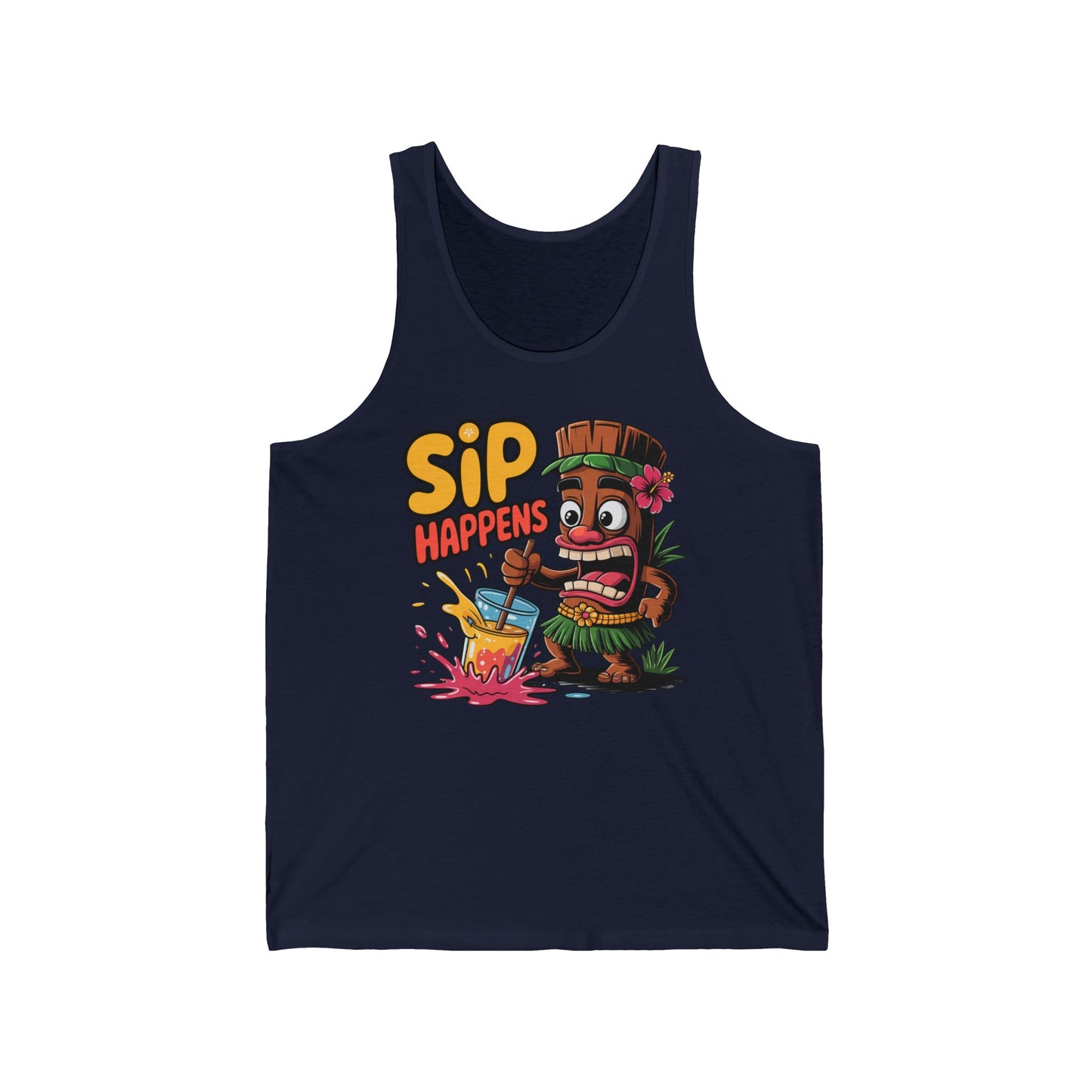 The Sip Happens Unisex Jersey Tiki Tank Top features a colorful cartoon tiki holding a drink with Sip Happens text—made from light fabric, its the perfect fun summer vibe tank top for beach parties and your seasonal wardrobe.