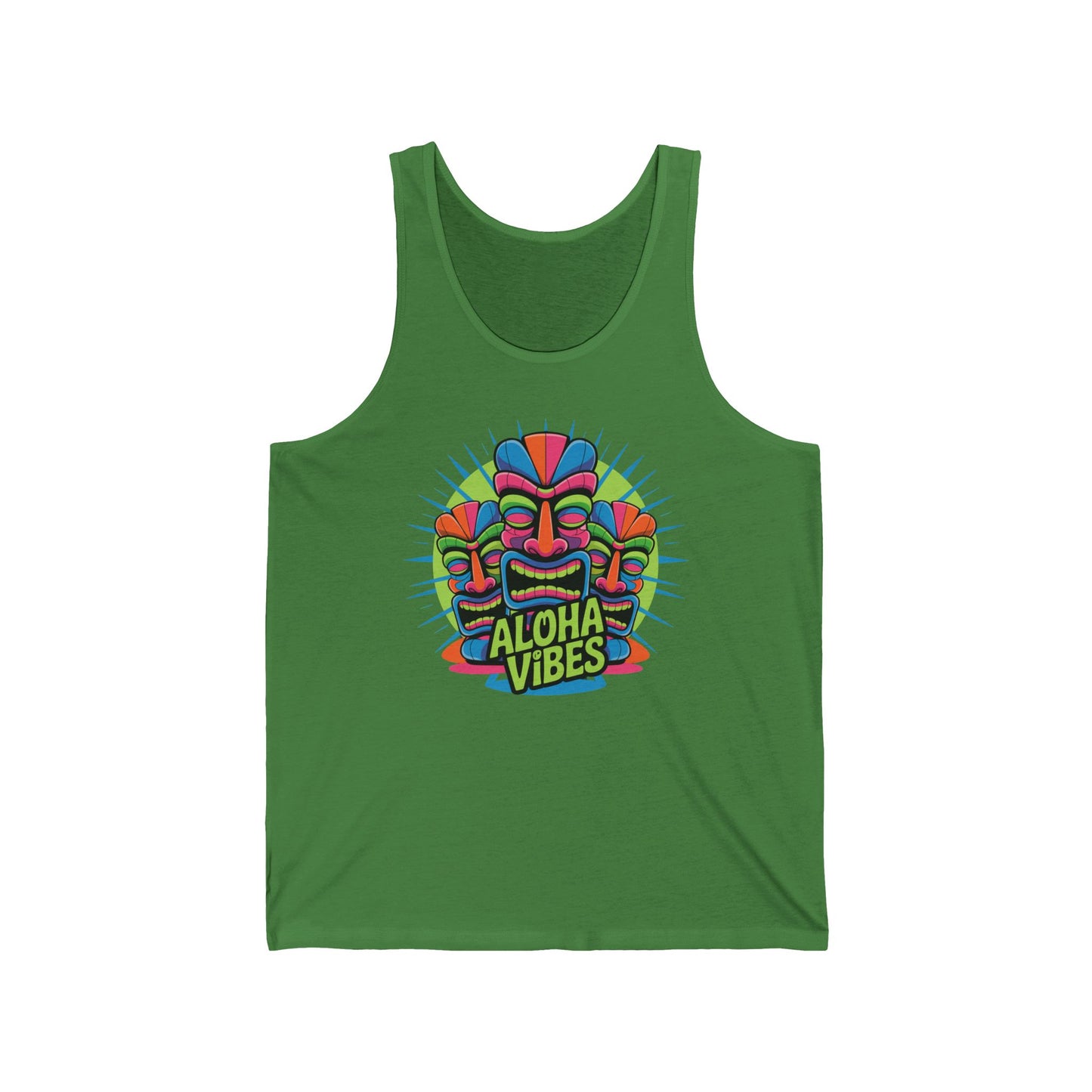 The Aloha Vibes Unisex Jersey Tiki Tank Top features a vibrant tiki mask and bold yellow Aloha Vibes lettering, perfect for summer beachwear and laid-back style.