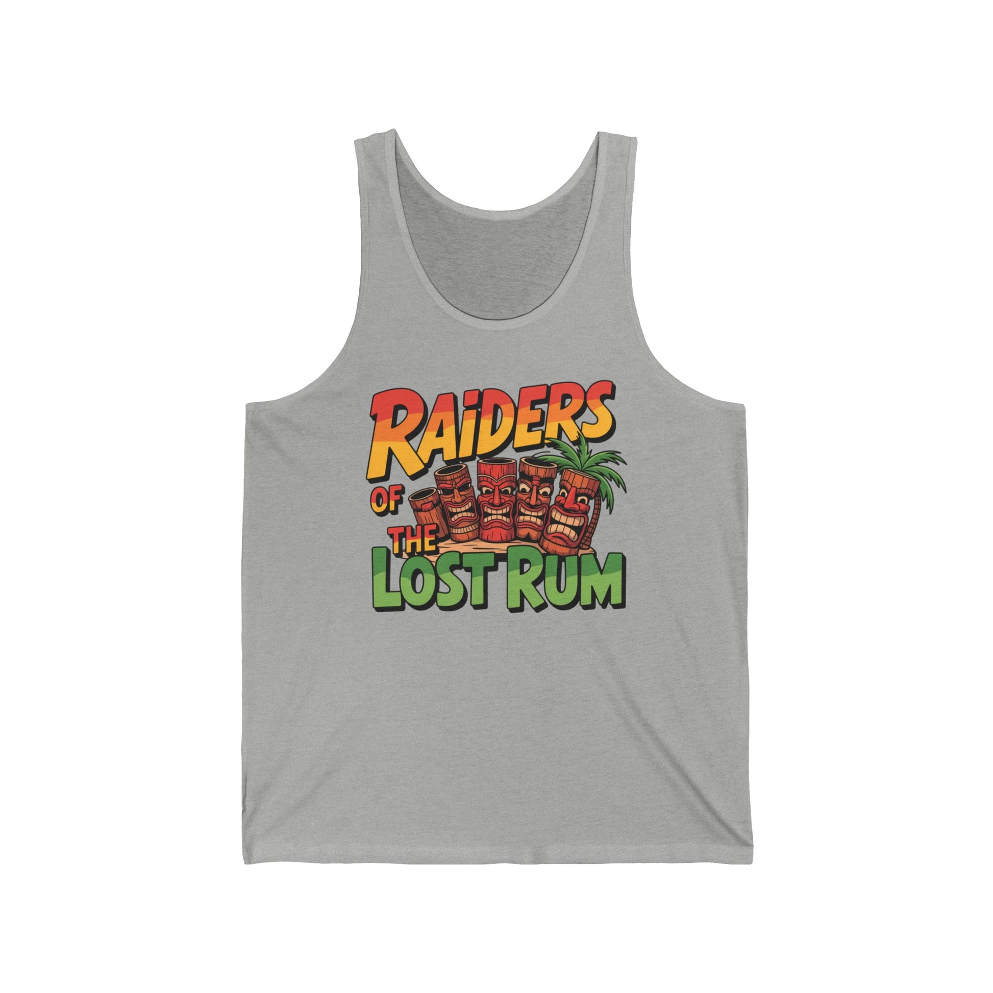 The Raiders of the Lost Rum Unisex Tiki Tank Top features vibrant “Raiders of the Lost Rum” text, three tiki mugs, and a palm tree—ideal for parties, beach days, or summer festivals with its fun tropical color design.