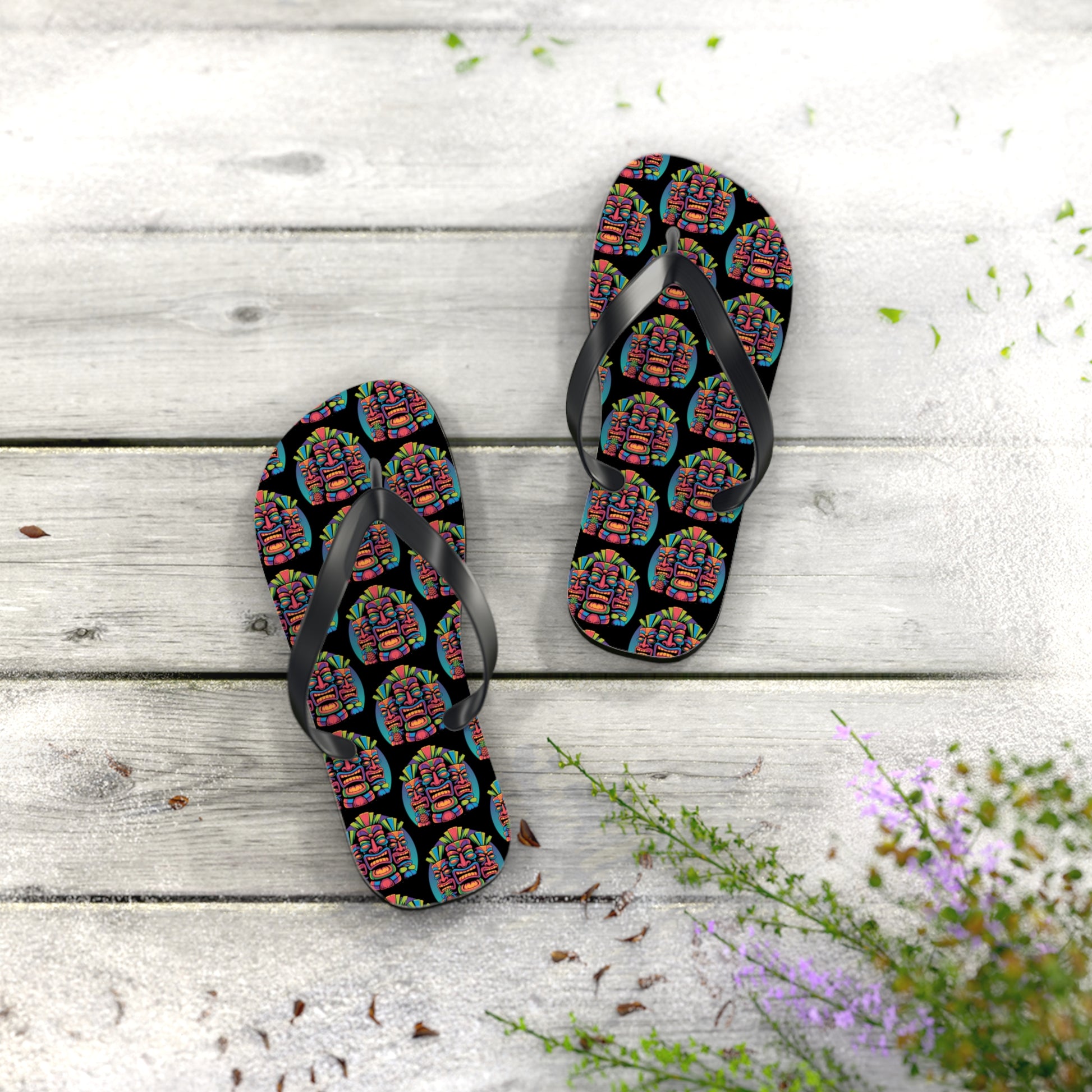 The Tropical Pineapple Flip Flops, perfect for summer, feature colorful, intricate patterns on black straps and soles, and are shown resting on a light gray wooden surface with scattered leaves and greenery.