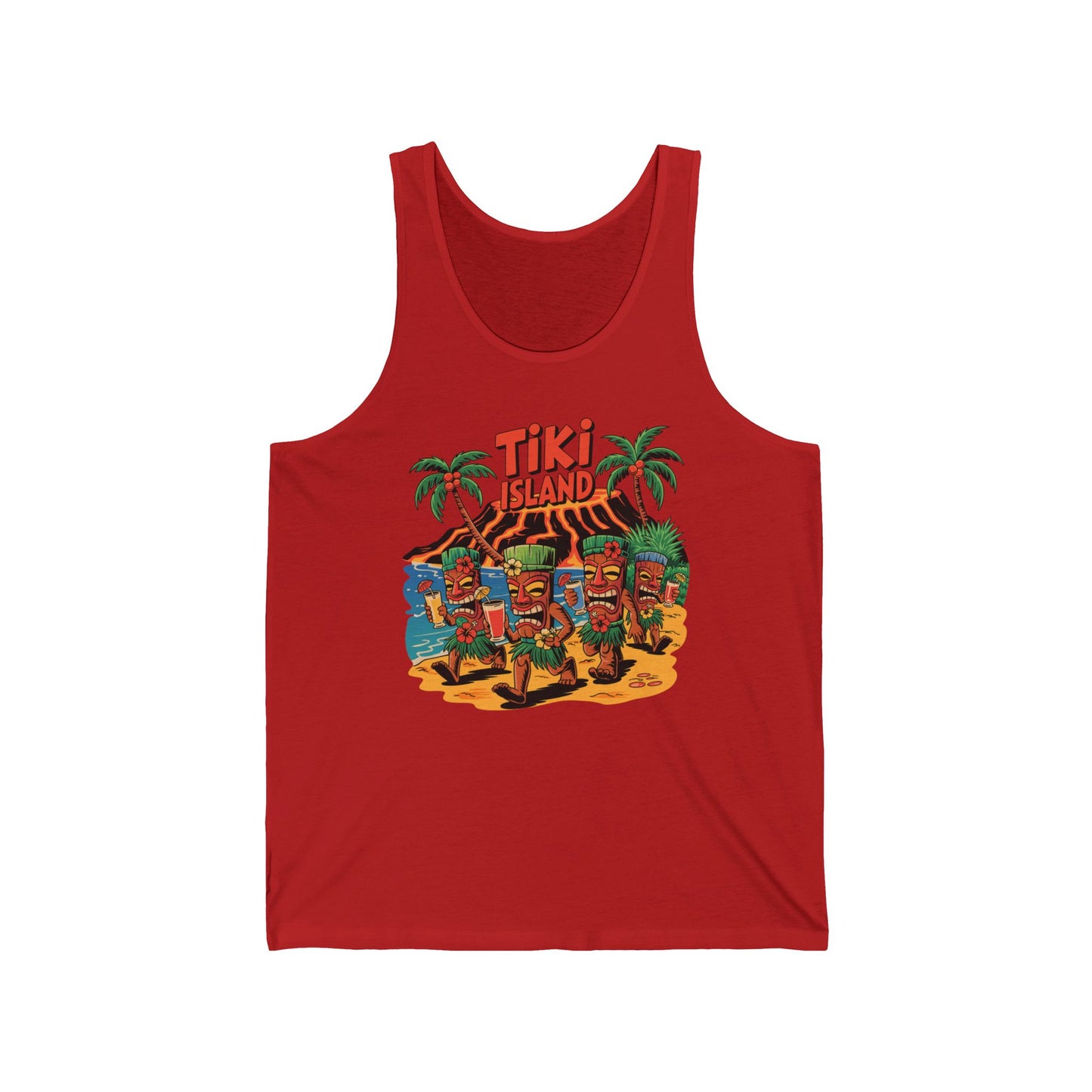 Ideal for summer outings, the Tiki Island Unisex Jersey Tiki Tank Top features bold Tiki Island lettering and a vibrant beach scene with tiki statues and palm trees—perfect for adding a tropical vibe to your wardrobe.