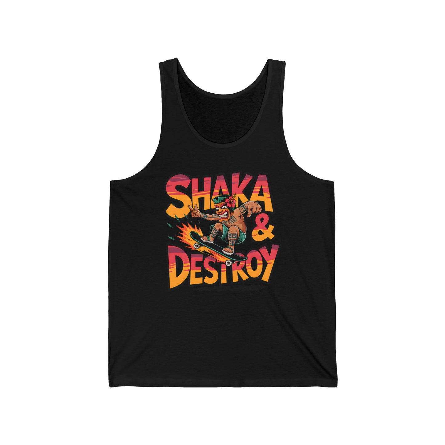 The Shaka & Destroy Unisex Jersey Tiki Tank Top features a vibrant graphic of a skateboarding monkey in sunglasses and a cap, with bold “SHAKA & DESTROY” text—perfect as a graphic skateboard tee for summer vibes and standout style.