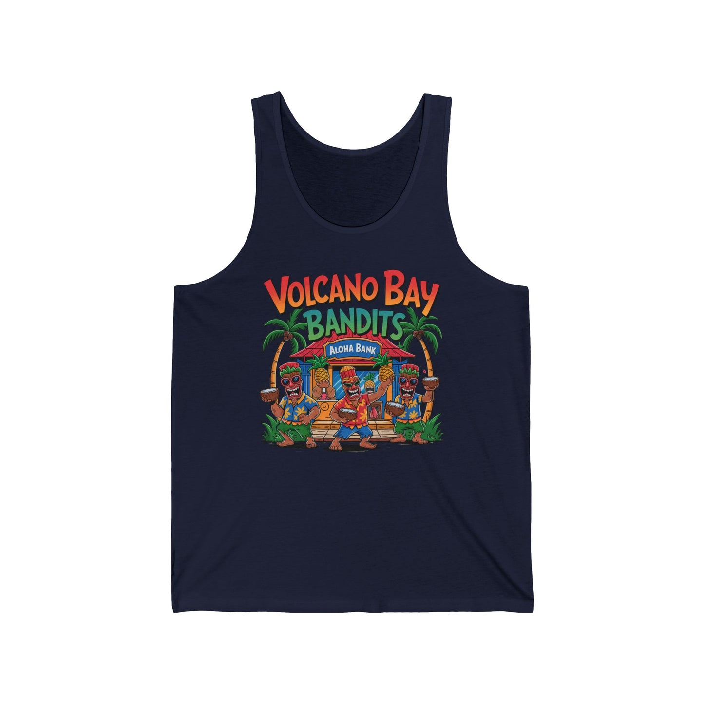 The Volcano Bay Bandits Unisex Jersey Tiki Tank Top features vibrant graphics of three bandits in Hawaiian shirts by a tiki hut with Volcano Bay Bandits and Aloha Bank text—perfect for casual parties and tropical adventure vibes.