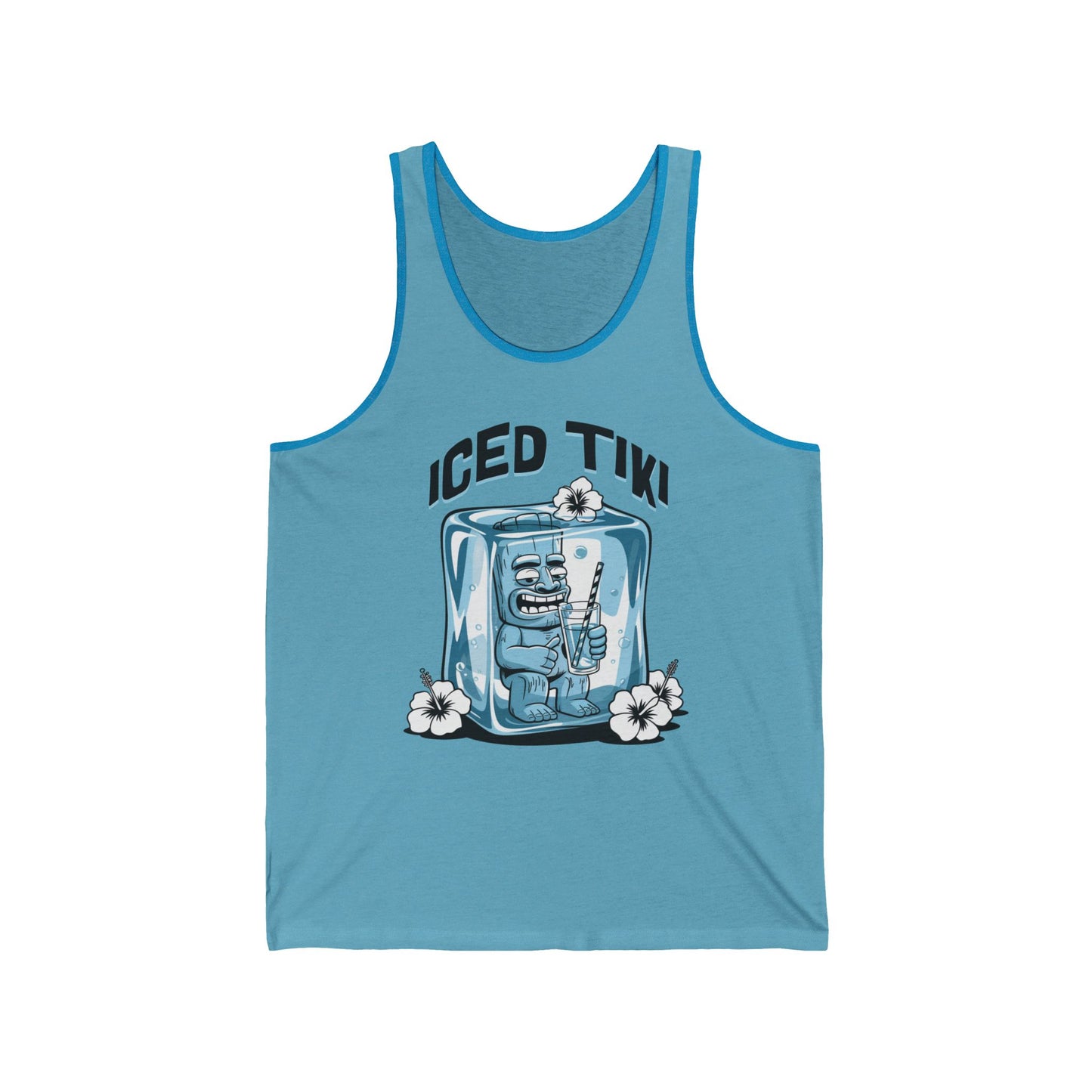 The Iced Tiki Unisex Jersey Tiki Tank Top features a cartoon tiki statue in an ice cube with a drink, the text ICED TIKI above, and white hibiscus flowers—perfect for summer parties and your warm weather wardrobe.