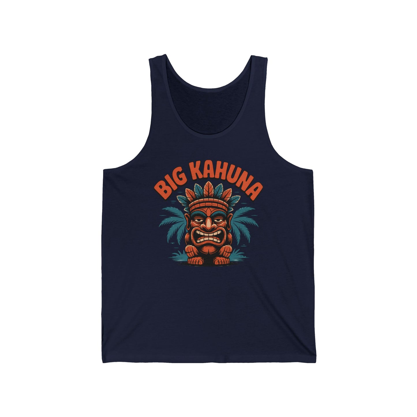 Elevate your summer style with the Big Kahuna Unisex Jersey Tiki Tank Top, featuring a colorful tiki mask, palm trees, and bold BIG KAHUNA lettering—perfect for tropical vibes and fun in the sun.