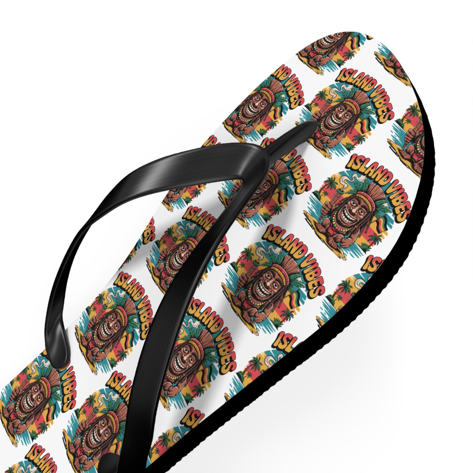 Island Vibes Tiki Flip Flops – Colorful Casual Footwear for Summer Fun feature black straps and a vibrant pattern with tiki masks, palm trees, and ISLAND VIBES text on a white background—ideal for beach lovers and summer getaways.