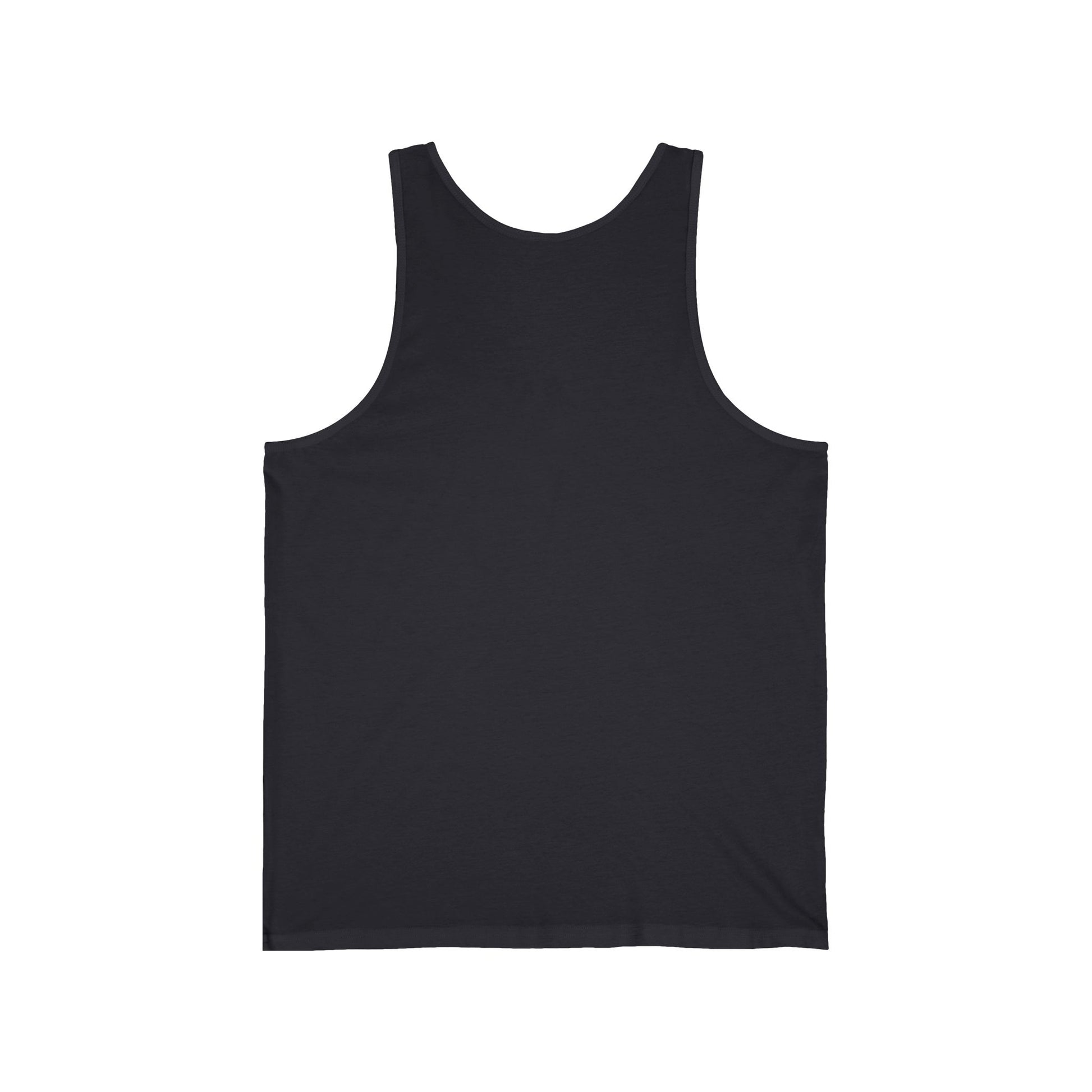 A Shaka & Destroy Unisex Jersey Tiki Tank Top is shown from the back against a white background. This graphic skateboard tee offers wide shoulder straps, subtle summer vibes, and casual comfort—ideal for stylish, laid-back looks.