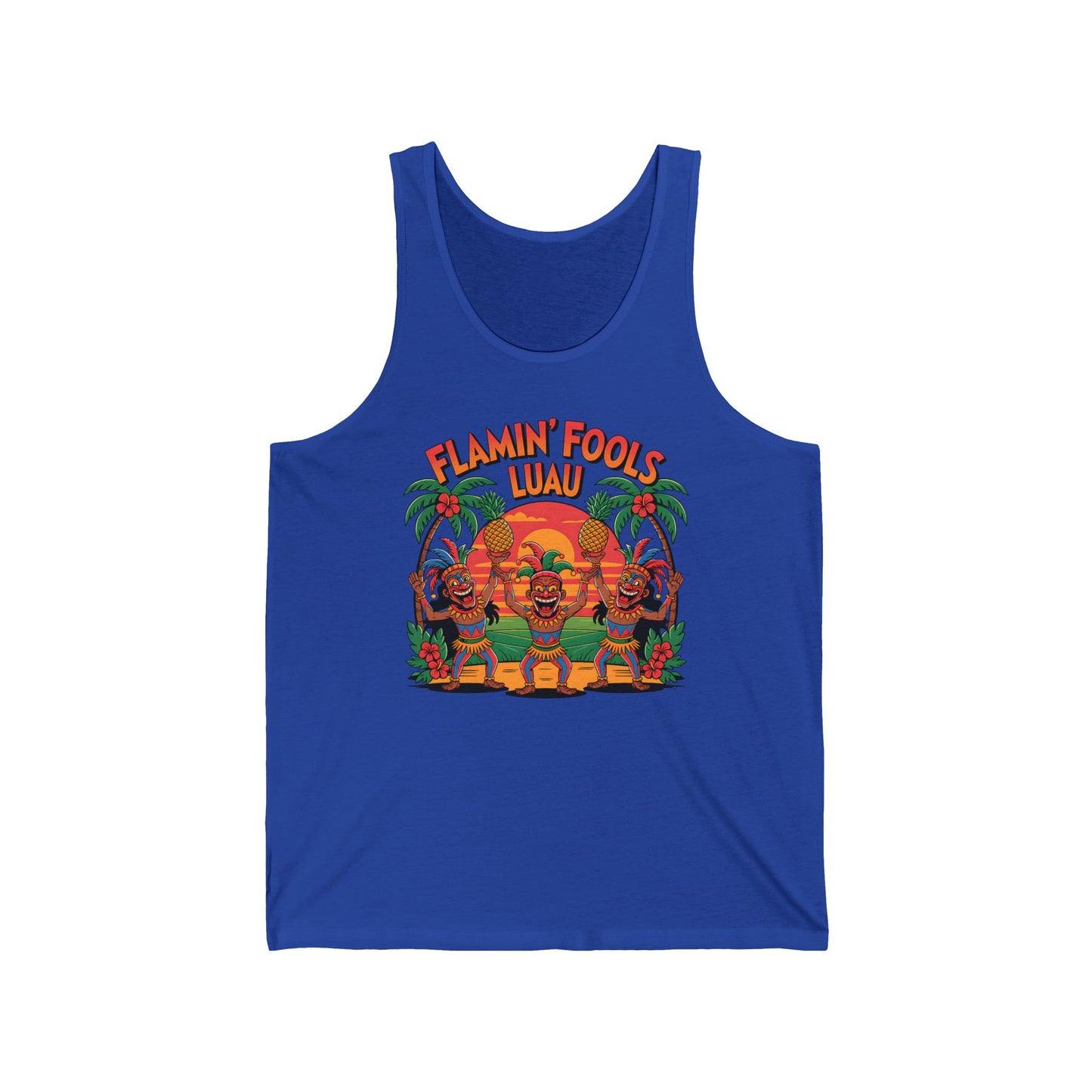 The Flamin Fools Luau Unisex Jersey Tiki Tank Top showcases three colorful tiki figures at sunset with palm trees and Flamin Fools Luau—ideal for summer parties, beach outings, or adding tropical fun to your wardrobe.