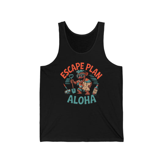 The Aloha Escape Plan Unisex Jersey Tiki Tank Top showcases a cartoon bear in snorkel gear and swim trunks with a drink, plus ESCAPE PLAN and ALOHA in playful fonts. Made from breathable fabric—perfect for summer adventures!.