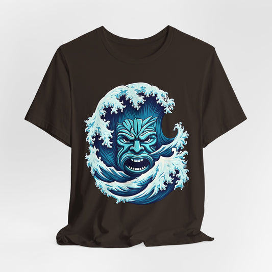 Ideal for beach lovers, the Ocean Wave Tiki- Adventure Vibes Unisex Jersey T-Shirt is made from soft Airlume cotton and showcases a bold blue ocean wave with a fierce tiki face at its center.
