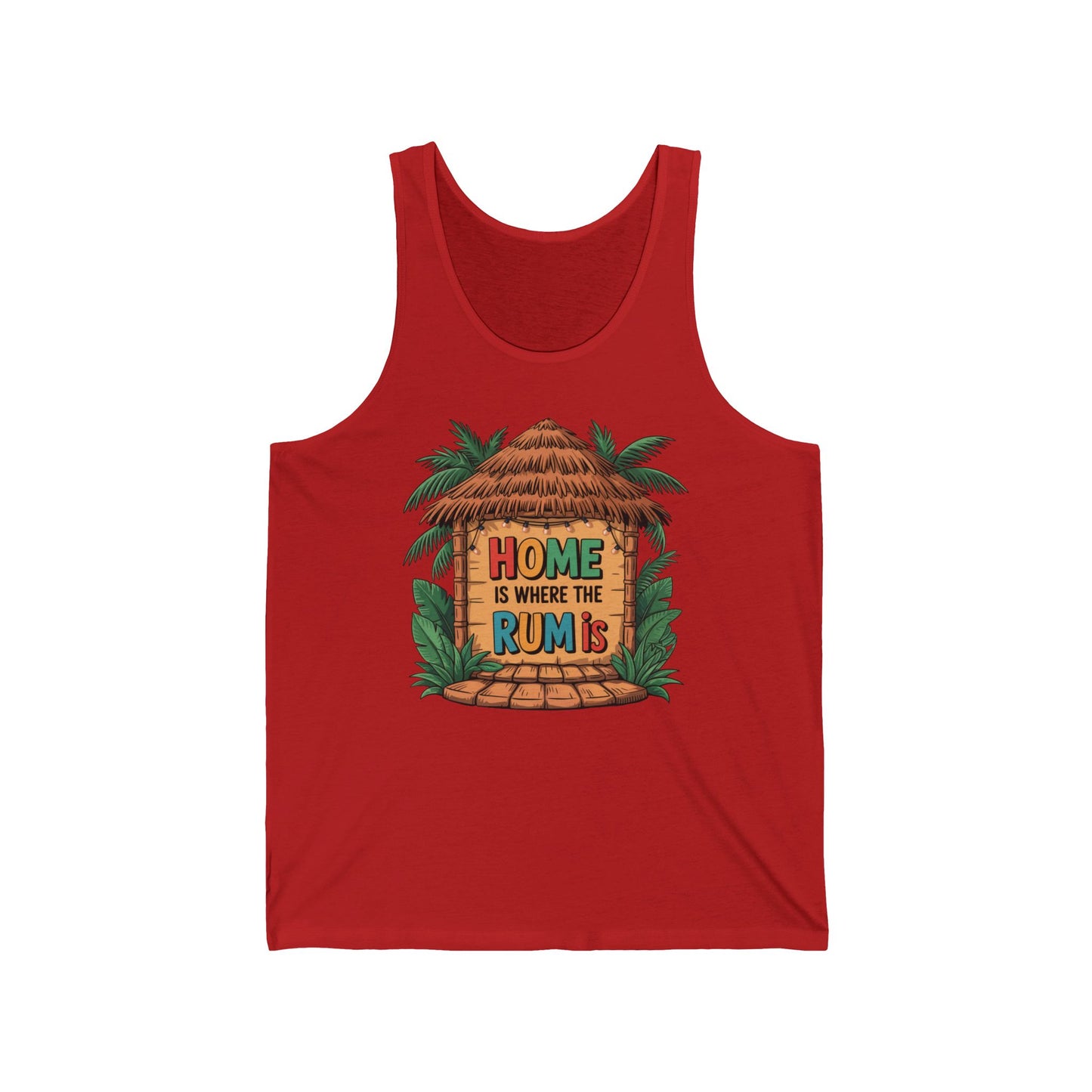 The Home is Where the Rum Is Unisex Jersey Tiki Tank Top features a tropical tiki hut and palm trees with vibrant lettering—perfect for summer vibes.