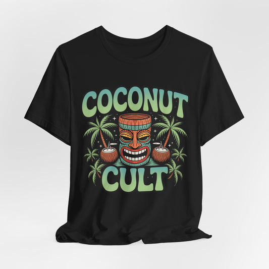 The Coconut Cult Unisex Jersey Tiki T-Shirt features vibrant green and blue text with a tiki mask, coconuts, and palm trees—tropical vibes perfect for any beach lover or your next beach party.