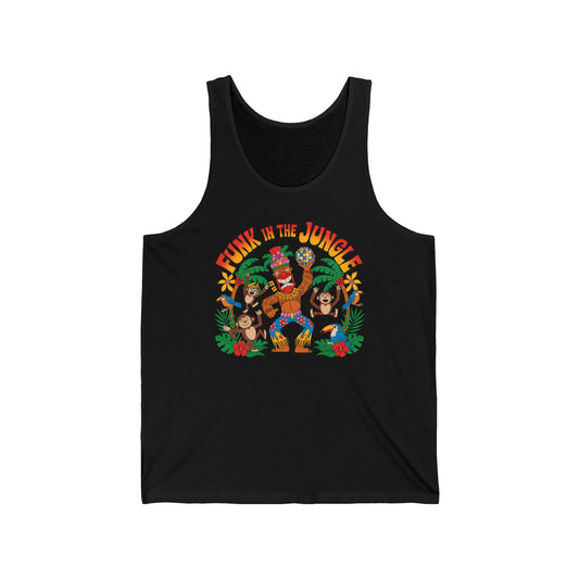 The Funky Jungle Unisex Jersey Tiki Tank Top features a vibrant tropical print with three dancing gorillas playing guitars and maracas, lush jungle plants, and bold orange Funk in the Jungle! text—perfect for summer fun.