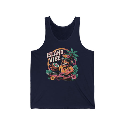 The Island Vibe Unisex Jersey Tiki Tank Top features a vibrant tiki DJ with sunglasses and headphones amid tropical plants, plus ISLAND VIBE above—perfect for summer celebrations and your seasonal wardrobe.