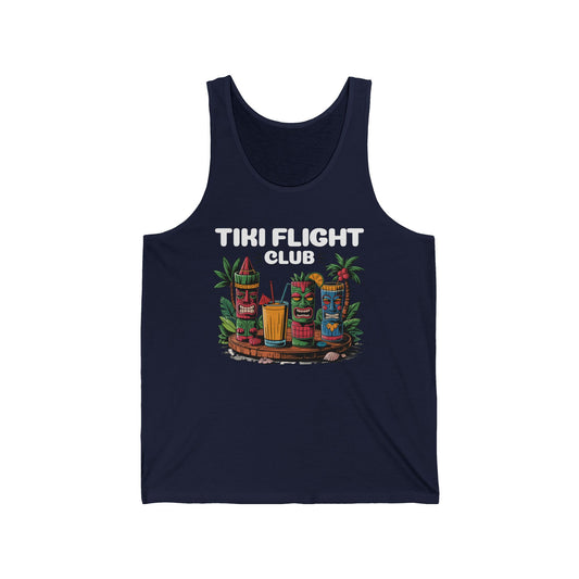 The Tiki Flight Club Unisex Jersey Tiki Tank Top features vibrant tiki characters and tropical drinks in a beach setting—crafted with breathable materials, its perfect for summer luau parties and sunny days.