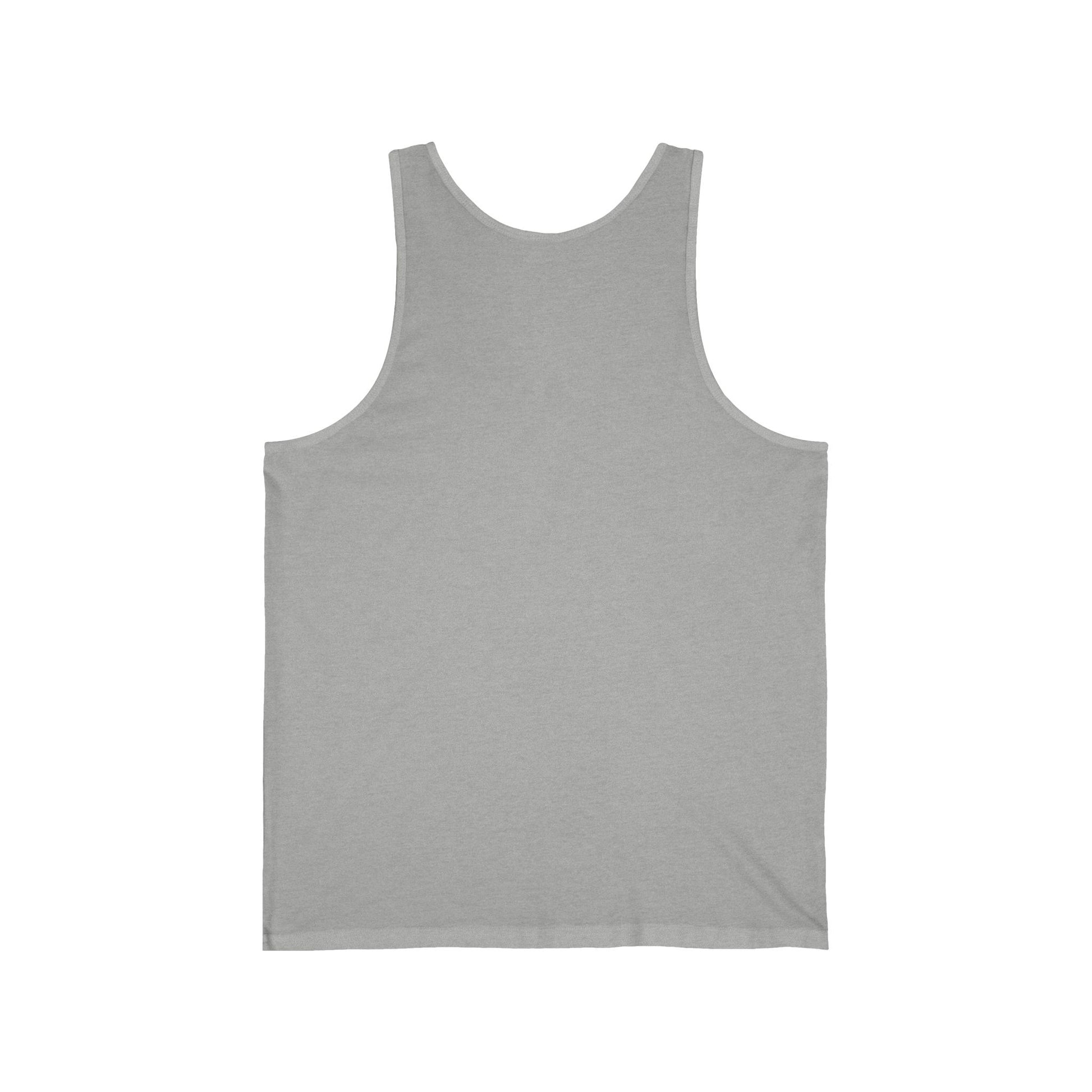 The Drunken Kraken Unisex Jersey Tank – Unleash the Rum! – is shown laid flat, back side up. With wide straps and a sleeveless design, it’s ideal for ocean adventures or relaxing at summer festivals.