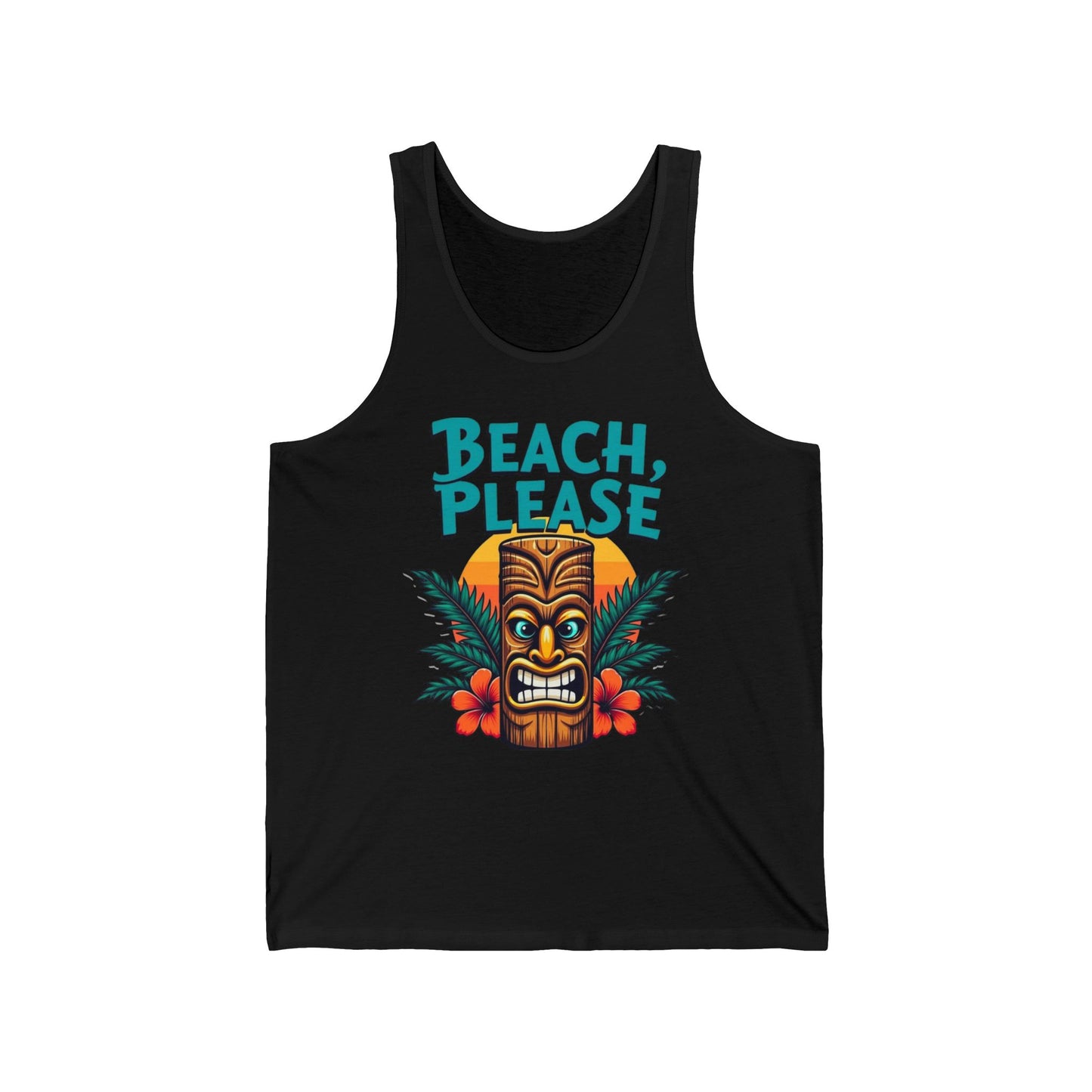 Upgrade your summer style with the Beach Please Unisex Jersey Tank – Summer Vibes T-Shirt, showcasing a bold tiki face, tropical leaves, red flowers, and BEACH, PLEASE in turquoise lettering above the design.