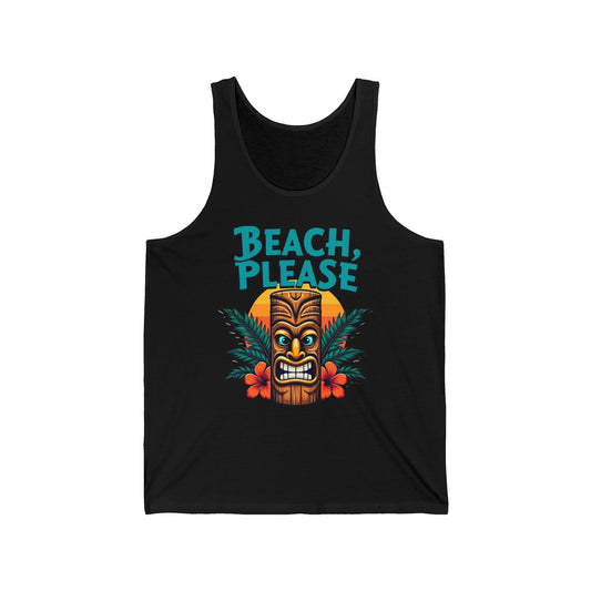 Upgrade your summer style with the Beach Please Unisex Jersey Tank – Summer Vibes T-Shirt, showcasing a bold tiki face, tropical leaves, red flowers, and BEACH, PLEASE in turquoise lettering above the design.