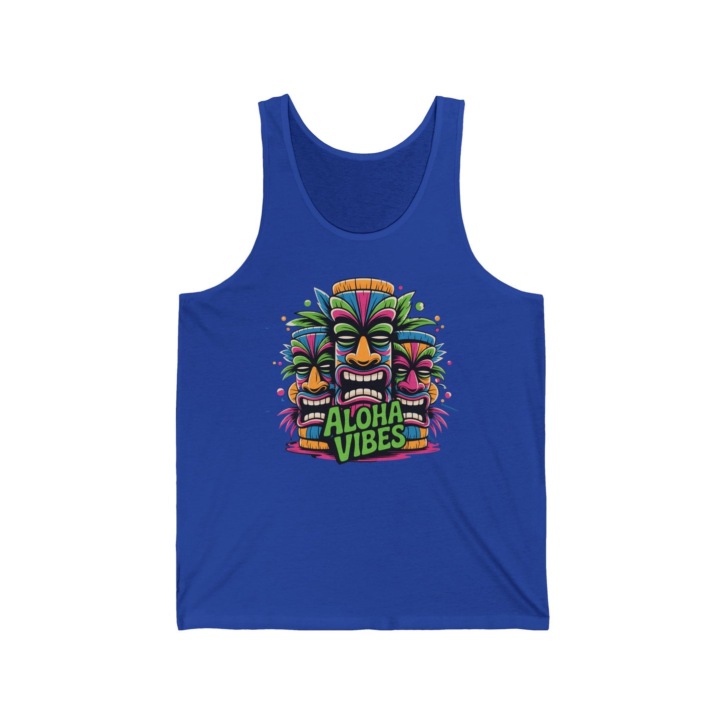 The Aloha Vibes Unisex Jersey Tiki Tank Top features three colorful tiki masks above Aloha Vibes in bold green and yellow—perfect for beach outings or summer festivals. Embrace tropical summer style with this vibrant tank.
